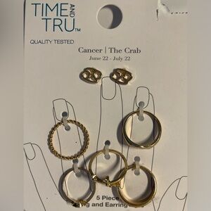 NEW TIME & TRU Cancer/The Crab Gold Tone Earring and 5 Piece Set